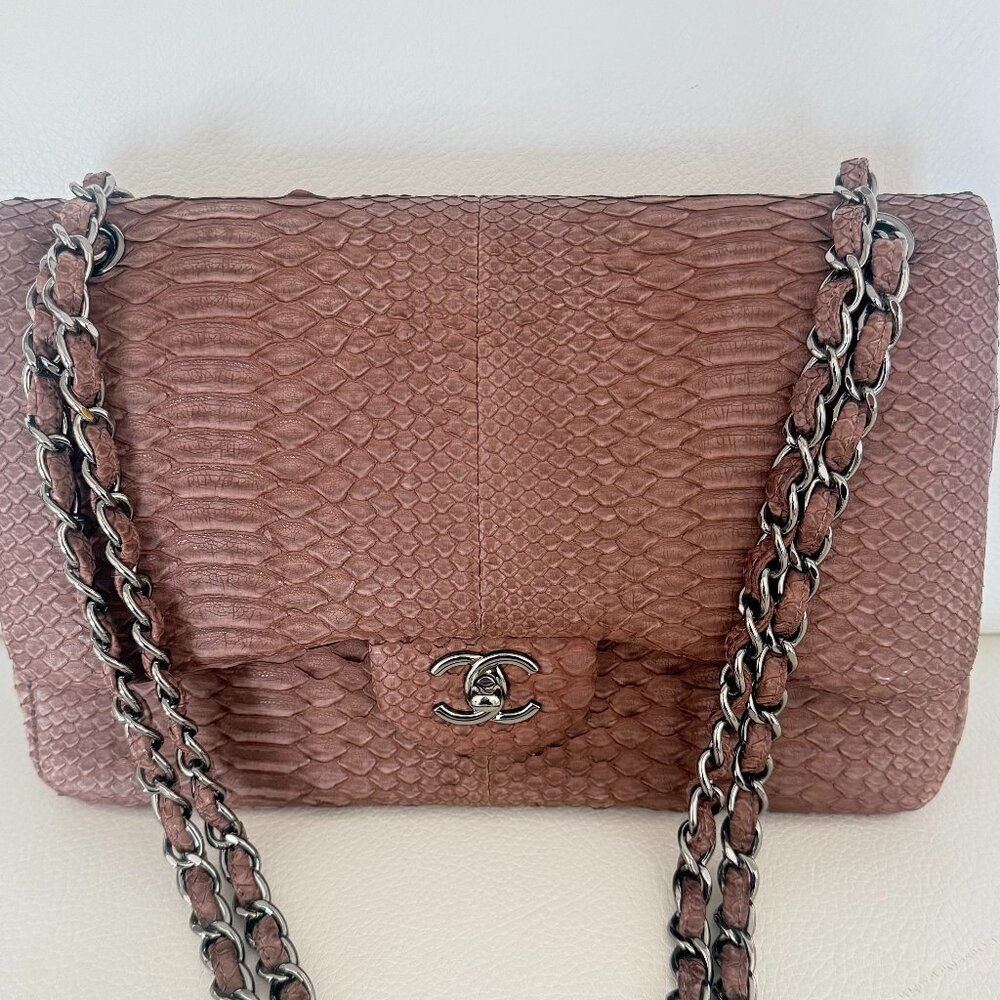 AUTHENTIC CHANEL 11A EXOTIC PYTHON JUMBO CLASSIC DOUBLE FLAP BAG BROWN - Picture 1 of 13